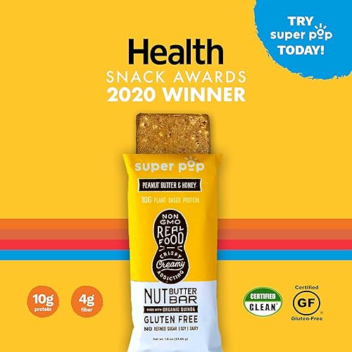 Super Pop Snacks, Clean Plant Based Protein Bars, All-Natural Nut Butter Bars With Organic Whole Foods, Delicious, Meal Replacement, Gluten Free, Soy Free, Dairy Free, 10g Protein, Variety Pack 8 Pack