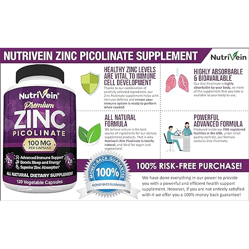 Nutrivein Premium Zinc Picolinate 100mg - 120 Capsules - Immunity Defense Boosts Immune System & Cellular Regeneration - Maximum Strength Bioavailable Supplement - Essential Elements for Absorption