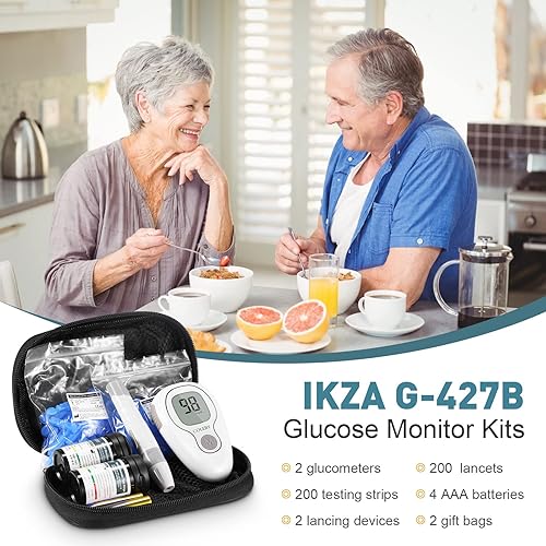 IKZA G-427B Glucose Monitor Kit, 200 Lancets, 200 Glucometer Strips, 2 Blood Sugar Monitor, Diabetes Testing Kit with Lancing Device, Blood Sugar Test Kit for Home Use