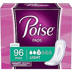 Poise Incontinence Pads for Women, Light Absorbency, Long Length, 96 Count 4 Packs of 24 Packaging May Vary