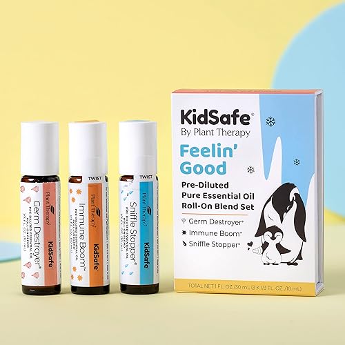 Plant Therapy KidSafe Feelin' Good Essential Oil Blend Set, Includes: Germ Destroyer, Immune Boom, Sniffle Stopper 100% Pure, Pre-Diluted Roll-Ons, Natural Aromatherapy 10 mL 13 oz