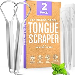 BASIC CONCEPTS Tongue Scraper 2 Pack, Reduce Bad Breath Travel Cases Included, Stainless Steel Tongue Cleaners, 100% Metal Tongue Scrapers Fresher Breath