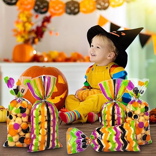 105 Pcs Cellophane Treat Bags, Halloween Themed Trick Polka Dot Stripes Goodie Candy Bags with 100 Twist Ties Party Favor Bags Halloween Decorations for Birthday Party Baby Shower Holiday Day Kids