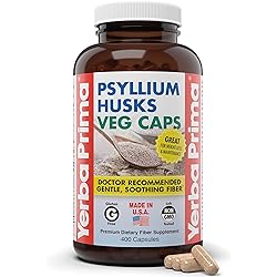 Yerba Prima Psyllium Husks Veg Caps, 400 Capsules 625mg - Vegan, Non-GMO, Gluten Free, Colon Cleanser, Daily Fiber Supplement for Gut Health & Regularity