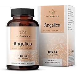 HERBAMAMA Angelica Capsules - Digestive Health, Heart & Blood Circulation Herbal Supplement - Stress Support & PMS Relief for Women w Dong Quai Root - Gluten Free, Vegan, Non-GMO - 1000mg 100 Caps