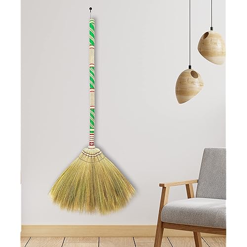 Natural Grass Broom for Sweeping Indoor and Outdoor with Brush Power and Circle Cleaning House, Kitchen, Office,Handmade Broom , Embroidered Woven,Housewarming Gifts Asian Broom 40 inch