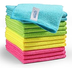 Microfiber Cleaning Cloth,12 Pack Cleaning Rag,Cleaning Towels with 4 Color Assorted,12"X12"GreenBlueYellowPink