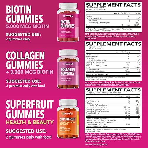 Biotin Collagen and Superfruit Gummies Bundle for Hair, Skin and Nails Growth, Ultimate Hair Growth Supplement with 5000mcg, Type I and III with Zinc, Vitamin E & C and 3000mcg Biotin