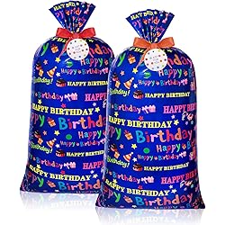 2 Pcs 70 x 40 Inch Jumbo Gift Bags, Extra Large Plastic Present Bag, Giant Gift Wrapping Bags with 2 Cord Tie and 2 Gift Tags for Baby Shower Birthday Christmas Holiday Party Supplies Birthday Style