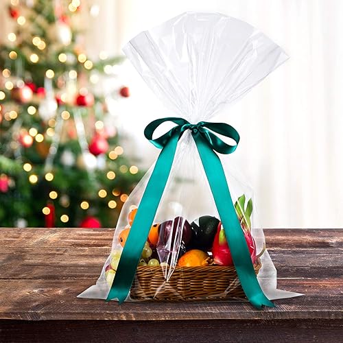 12 Counts 18x30 inches Cellophane Wrap for Baskets Clear Flat Cello Cellophane Treat Bags Storage Bags SweetFruitsGiftHome Bags with Colorful Bag Ties