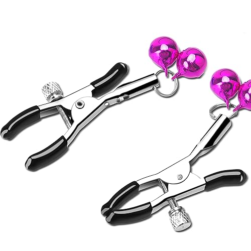 SEXY SLAVE Adjustable Nipple Clamps - Soft Rubber Metal Nipple Clamps with Two Bells, Fetish Breast Clit Sensual Bondage Two Nipple Clips2 Pack, Purple and Rose Pink