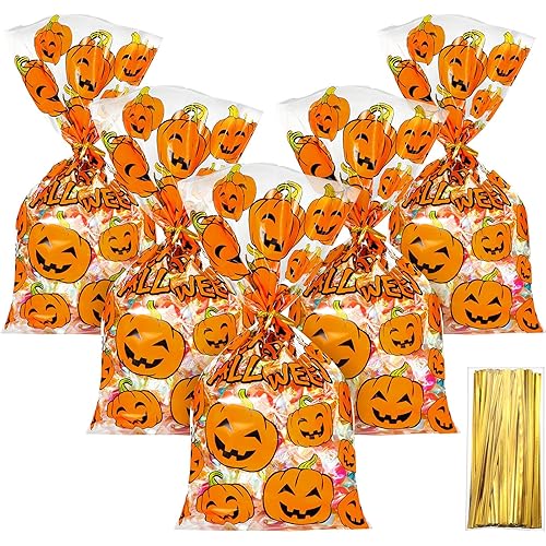 HESTYA 50 Counts 15 x 25 cm Flat Clear Cellophane Treat Bags Block Bottom Pumpkin Halloween Patterned Storage Bags Sweet Bags with 300 Pieces Twist Ties for Halloween Christmas Party FavorStyle D