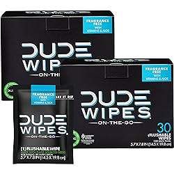 DUDE Wipes On-The-Go Flushable Wet Wipes - 2 Pack, 60 Wipes - Unscented Extra-Large Individually Wrapped Wipes with Vitamin E & Aloe - Septic and Sewer Safe