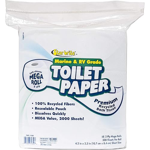 STAR BRITE Toilet Tissue MarineRV Grade Fast Dissolving Paper - 2 Ply, 4 Mega Rolls 2000 Sheets 071850