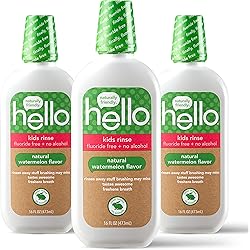 Hello Natural Watermelon Flavor Kids Fluoride Free Rinse, Alcohol Free, Vegan, SLS Free, Mouthwash for Kids Age 6 and Up, 16 Ounce Pack of 3