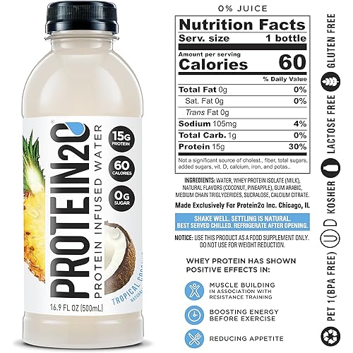 Protein2o Low Calorie Protein Infused Water, 15g Whey Protein Isolate, Tropical Coconut Pack of 12, 16.89 Ounce & Protein Infused Water, Flavor Fusion Variety Pack 16.9 Oz, Pack Of 12