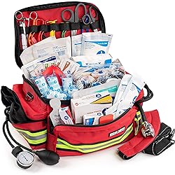 Scherber First Responder Bag | Fully-Stocked Professional Essentials EMTEMS Trauma Kit | Reflective Bag w8 Zippered Pockets & Compartments, Shoulder Strap & 200 First Aid Supplies - Red