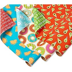 American Greetings Reversible All Occasion and Birthday Wrapping Paper, Punny Food 3 Rolls, 120 sq. ft.