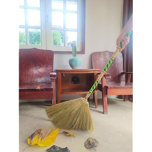 Natural Grass Broom for Sweeping Indoor and Outdoor with Brush Power and Circle Cleaning House, Kitchen, Office,Handmade Broom , Embroidered Woven,Housewarming Gifts Asian Broom 40 inch