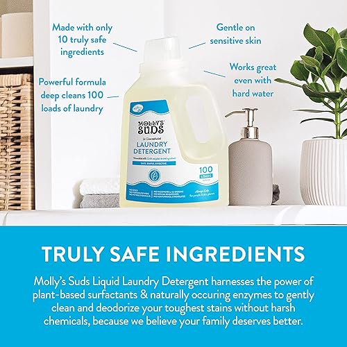 Molly's Suds Liquid Laundry Detergent | Natural Laundry Detergent Soap for Sensitive Skin, 2x Concentrated, High Efficiency HE | Peppermint - 100 Loads