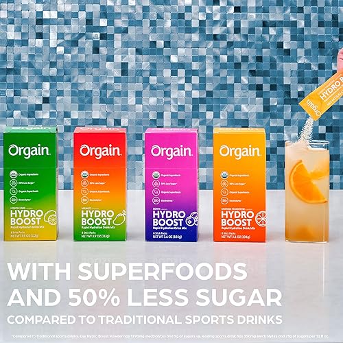 Organic Rapid Hydration Packets by Orgain, Berry Hydro Boost - Packed with Electrolytes & Superfoods, Less Sugar, Gluten Free, Vegan, No Soy Ingredients or Artificial Flavors, Non-GMO Pack of 8