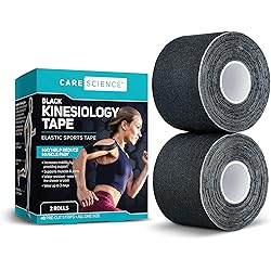 Care Science Waterproof Kinesiology Tape, 40 ct Precut Strips 2 Rolls, Black | Elastic Sports & Weightlifting Tape Supports Muscles & Joints. Water Resistant