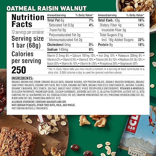 CLIF BARS - Energy Bars - Oatmeal Raisin Walnut - Made with Organic Oats - Plant Based Food - Vegetarian - Kosher 2.4 Ounce Protein Bars, 12 Count