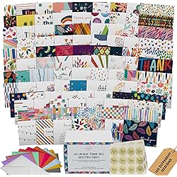 Dessie 100 Unique Thank You Cards Bulk - Blank Note Cards with 100 Different, Colorful Designs, No repetition. Colorful Envelopes, Gold Seals and Sturdy Storage Box
