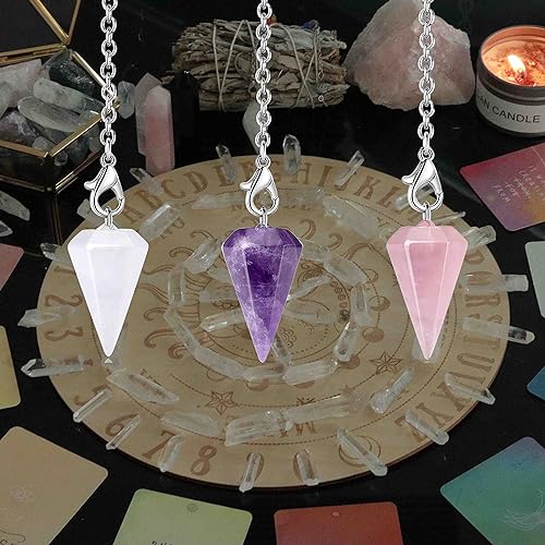 DUQGUHO 3 Pcs Crystal Pendulums Set for Divination Dowsing Natural Amethyst Rose Quartz Clear Quartz Healing Crystal Quartz Reiki Gemstone Pendants Witchcraft Wiccan Accessories