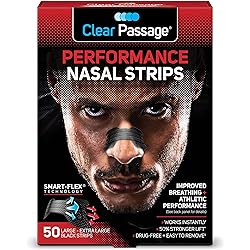 Clear Passage Performance Nasal Strips for Athletes, Sports Dilators, Improves Breathing & Athletic Performance, Instant Nasal Congestion Relief, Reduce Snoring, Black, LargeXL, 50 Count