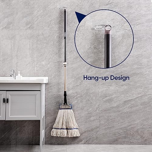 Eyliden Heavy Duty Commercial Cotton Mop Looped-End String Wet Industrial Mops 2pcs Cotton Head with Extendable Handle and Patent Stainless Steel Jaw Clamp Home Office Cement Floor Use White