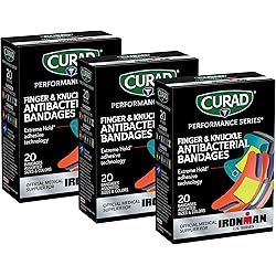 Curad Performance Series Ironman Fingertip and Knuckle Antibacterial Bandages, Extreme Hold Adhesive Technology, Fabric Bandages, 20 Count Pack of 3