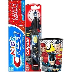 Justice League 3pc. Bright Smile Oral Hygiene Set! Batman Turbo Powered Toothbrush, Crest Kids Cavity Protection Sparkle Fun Toothpaste & Mouthwash Rise Cup! Plus Bonus "Remember to Brush" Visual Aid