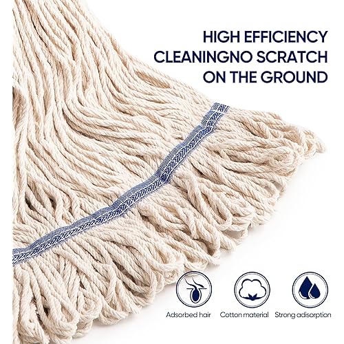 Eyliden Heavy Duty Commercial Cotton Mop Looped-End String Wet Industrial Mops 2pcs Cotton Head with Extendable Handle and Patent Stainless Steel Jaw Clamp Home Office Cement Floor Use White