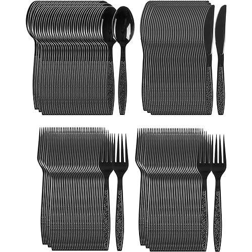 Heavy Weight Plastic Silverware Set - 200 Plastic Forks, 100 Plastic Knives, 100 Plastic Spoons Disposable Cutlery Combo Set Black