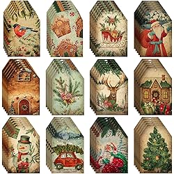 60 Pcs Vintage Christmas Gift Tags Christmas Gift Wrapper Labels Hanging Christmas Tag Holiday Tags for Gifts with Ribbon for Home Decor Gift Wrapping Holiday Presents Package