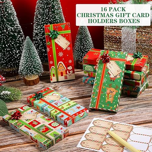 16 Pcs Christmas Gift Card Holders Boxes with Bows and Name Stickers Christmas Present Wrap Card Boxes Xmas Party Small Boxes Mini Favor Boxes for Xmas Holiday Supplies, 6.3 x 2.7 x 0.6 Inch Retro