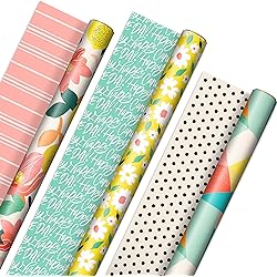 Hallmark Reversible Wrapping Paper 3 Rolls: 75 Sq. Ft. Ttl Floral, Lemons, Bright Abstract for Birthdays, Easter, Mother's Day, Bridal Showers, Baby Showers