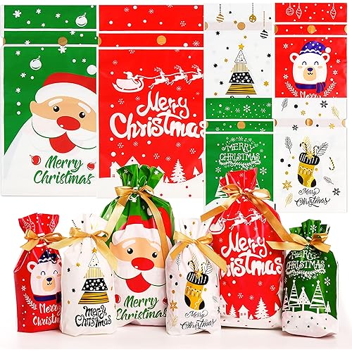DERAYEE Drawstring Christmas Gift Bags, Assorted Size Xmas Plastic Treat Candy Bags Party Favor Bags for Kids Small Medium Holiday gift Bags 34 Pack
