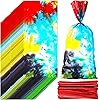 100 Pieces Party Favor Bags Tie Dye Cellophane Treat Bags Rainbow Goodie Bags for Kids Retro Colored Party Gift Bags with 150 Ribbons for Birthday Party Tie Dye Paintball Party Supplies Decorations