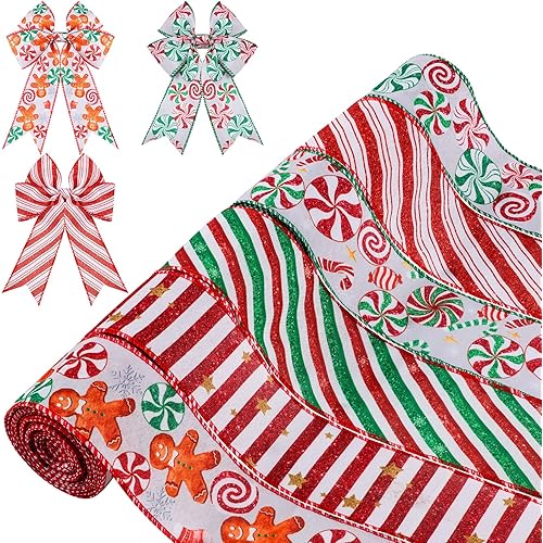 30 Yards Christmas Wired Edge Ribbons Peppermint Candy Canes Swirl Satin Wired Edge Ribbons Round Lollipop Gingerbread Man Stripe Ribbon Burlap Plaid Wired Ribbon for Xmas Wreath Decor Candy