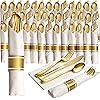 50 Pre Rolled Gold Plastic Silverware - 200pc Set, Service for 50 - Wrapped Disposable Silverware Set with Forks, Knives, Spoons, White Napkins - Fancy Decorative Flatware for Dinner, Party, Wedding