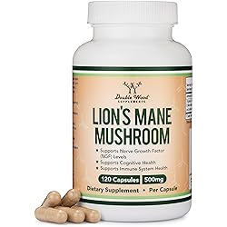 Lions Mane Mushroom Supplement Capsules Two Month Supply - 120 Count Vegan Supplement - Nootropics Brain Support Supplement and Immune Health, Manufactured in The USA by Double Wood Supplements