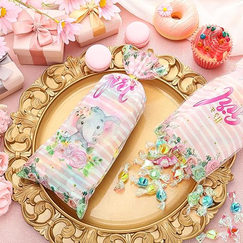 100 Pack Pink Elephant Baby Shower Cellophane Treat Bags Cute Elephant Candy Bags Pink Elephant Baby Shower Supplies Favor Bags Goodie Bags with 150 Pieces Gold Twist Ties for Birthday Party Supplies