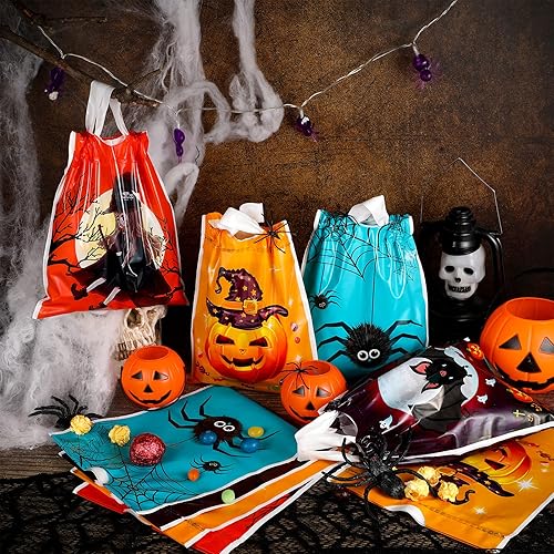 Crtiin 50 Pieces Halloween Drawstring Treats Bags Plastic Drawstring Candy Bags Trick or Treat Bags Plastic Snack Goody Bags for Halloween Party Favors Spider, Pumpkin, Wick, Bat