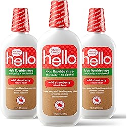 Hello Kids Wild Strawberry Natural Flavor Anticavity Fluoride Rinse - Vegan, Alcohol Free, and SLS Free Mouthwash for Children Age 2 and Up - 16 Ounce Pack of 3