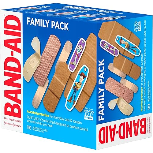 Band-Aid Adhesive Bandage Family Variety Pack in Assorted Sizes Featuring Water Block & Skin Flex, Flexible Fabric, Tough Strips & Pixar Character Bandages, 110 Count