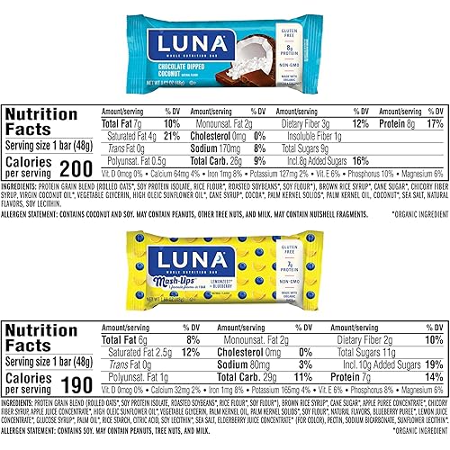 LUNA BAR - Gluten Free Snack Bars - Variety Pack - Flavors May Vary- 8g-9g of protein - Non-GMO - Plant-Based Wholesome Snacking 1.69 Ounce Snack Bars, 12 Count Assortment May Vary