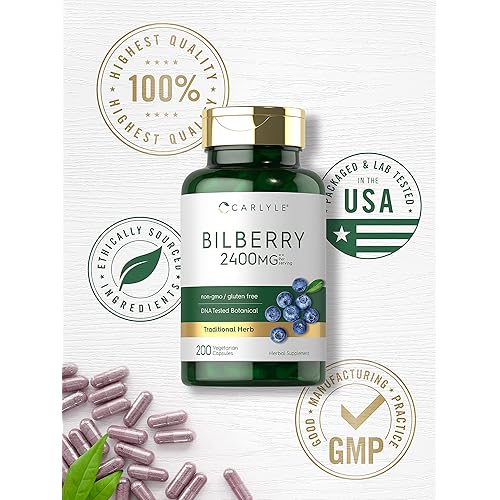 Bilberry Extract Capsules | 2400mg | 200 Count | Vegetarian, Non-GMO, Gluten Free Fruit Supplement | by Carlyle