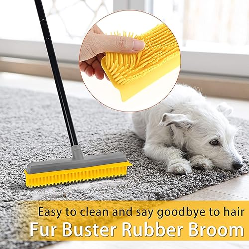 Pet Hair Broom Rubber Broom 59" Long Handle with Build-in Squeegee Silicone Broom for Sweeping Hardwood Floor Tile